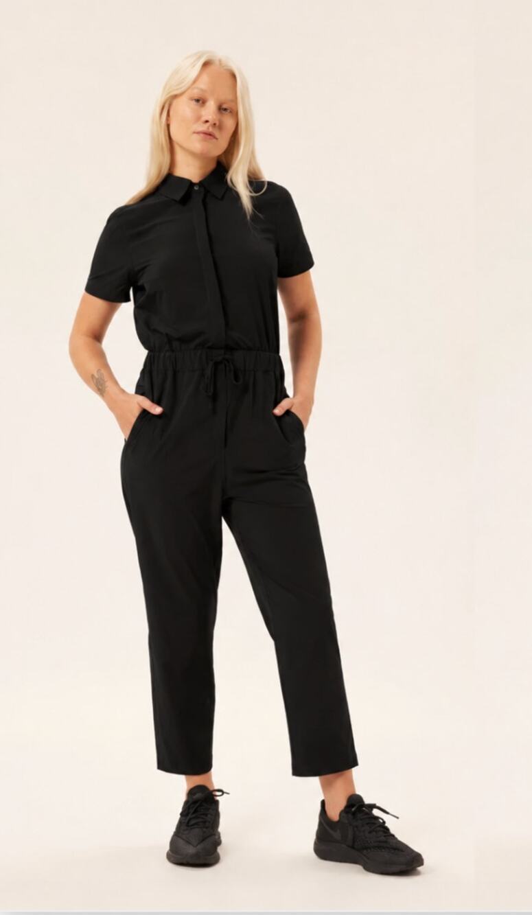 Girlfriend Collective Stretch Woven Short Sleeve Jumpsuit Black Athleisure Sz M